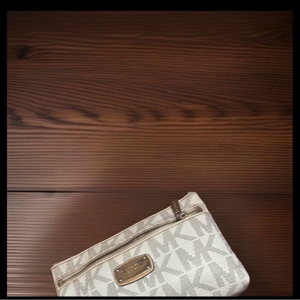 Michael Kors White Logo Canvas Wristlet with Gold Hardware